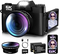 6K Digital Camera for Photography Autofocus, 2026 Upgraded 64MP WiFi Vlogging Camera for YouTube with 3" 180° Flip Screen 16X Zoom, 64GB SD Card & 2 Batteries Compact Travel Camera for Beginners Teens - Image 1