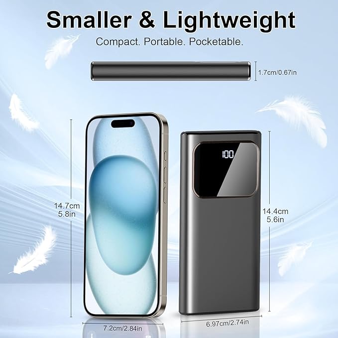 Power Bank, 10000mAh Portable Charger with PD 5A/3W Fast Charging, USB C in&out External Battery Pack, Portable Cell Phone Charger for iPhone 16 15 14 13 /ProMax/Pro/Plus Samsung S23 S22 Android Phone
