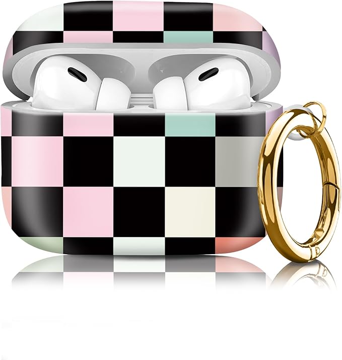 Compatible with Airpod pro 2nd/1st Generation Case Cover with Gold Round Keychain Cute Pattern Hard & Anti Slip Cover for Men Women & Girls（Colorful Squares）