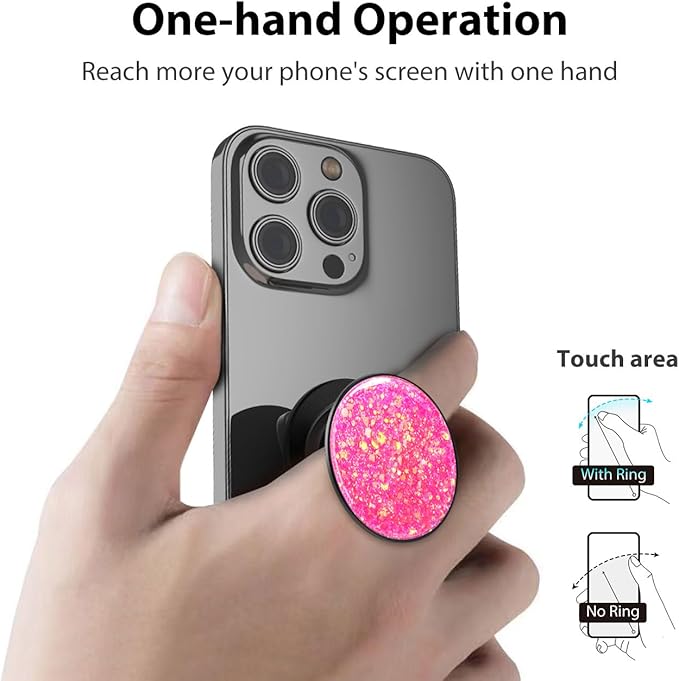 Phone Ring Holder, Phone Grip Holder Finger Kickstand, Foldable & Adjustable Metal Cell Phone Rings Gripper Stand Work with Magnetic Car Mount for iPhone Samsung & Other Phones - Sparkle Pink