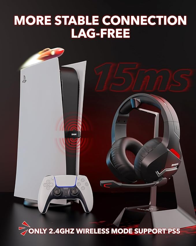 BINNUNE Wireless Gaming Headset for PS5 PC, 120H Ultra-Long Battery, 2.4GHz & Bluetooth 5.3 Wireless Headphones with Noise Canceling Mic, 50mm Drivers, Comfort Over Ear Headphones, Black
