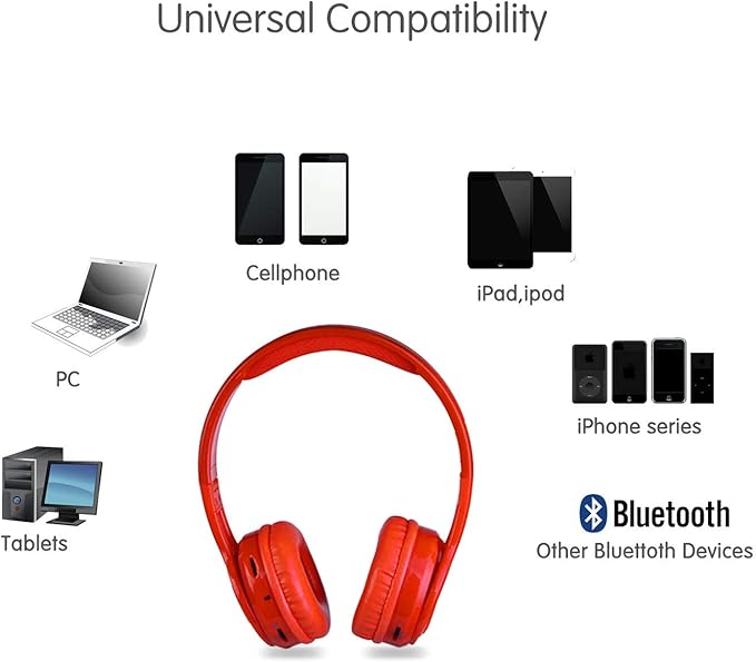 Contixo KB-2600 Over Ear Headphones - Wireless Bluetooth Headphones Kids Safe - 85dB with Volume Limited with Long Lasting Battery - Built-in Mic - Micro SD Card Slot - FM Stereo Radio (RED)