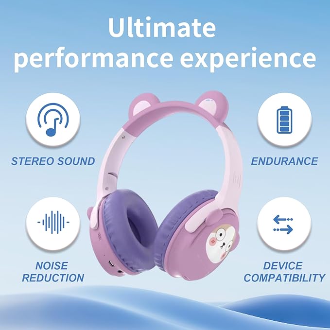 Kids Bluetooth Headphones， 85dB Safe Volume Limit, Stereo，Foldable Cute Up Cat Ear Children，Cartoon Animal Design,Ultra-Soft Over-Ear,Suitable for School & Travel (Purple)