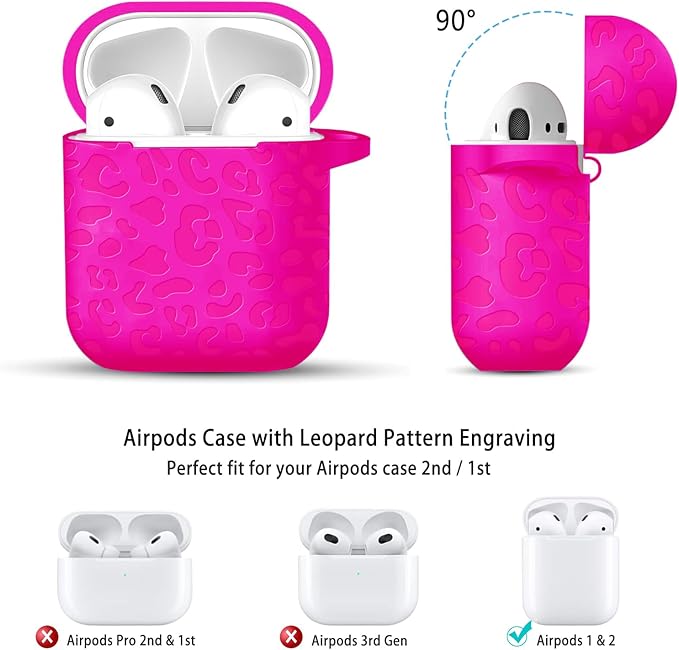 Compatible with Airpods Case Leopard Engraved Skin Cover Compatible with Airpods 2nd/1st Charging Case,Cute Soft Silicone Full Protective, Front LED Visible, Hot Pink