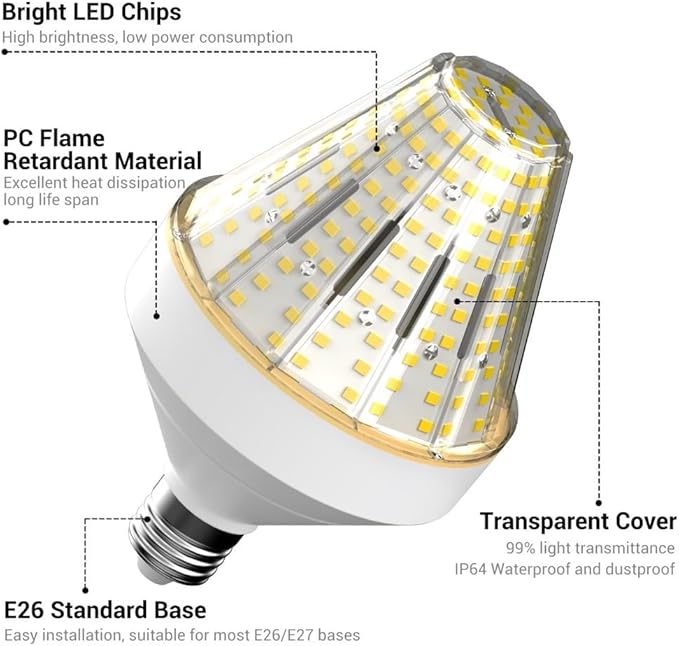 GT-Lite 5200 Lumen LED Corn Cob Light Bulb, 40-watt, 300-watt Equivalent, Daylight 5000K Light Color, E26 Base, Garage Light Bulb, Energy Saving LED Light for Indoor Outdoor Use. 1-Pack