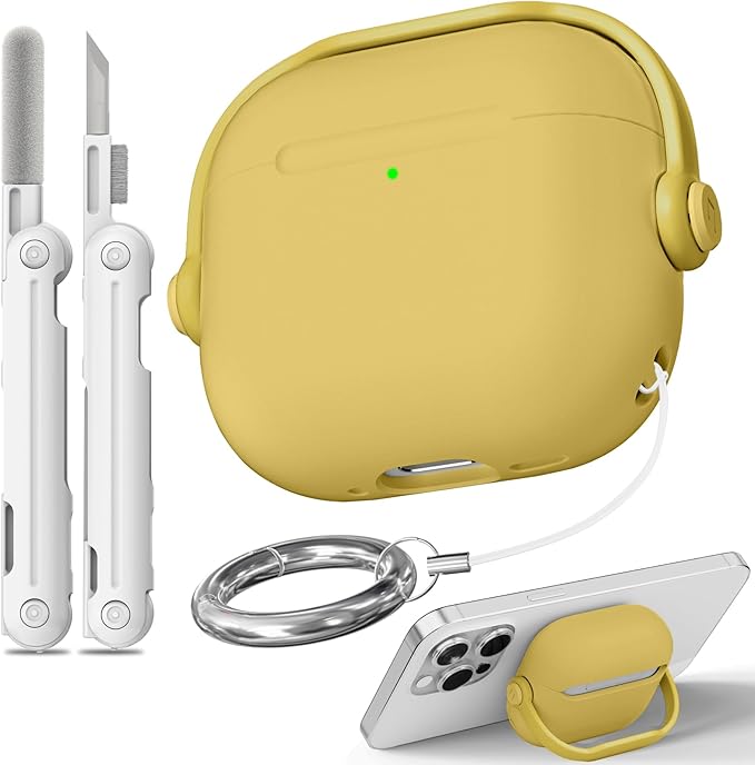 with Safety Lock for Airpods 4 Case, TPU Case for Apple Airpods 4 Case 2024 USB-C with Cleaner Kit, Drop Protection Airpods 4 Case Cover with Lock and Keychain, Lemon Yellow