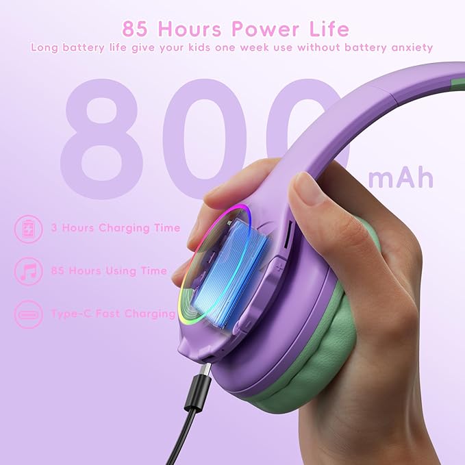 Kids Bluetooth Headphones with LED Light, 45Hours Playtimes, 85/94dB Volume Limited, Bluetooth 5.4, Wireless Headphones for Kids with Built-in Mic, Wired & TF Card Mode,Green and Purple