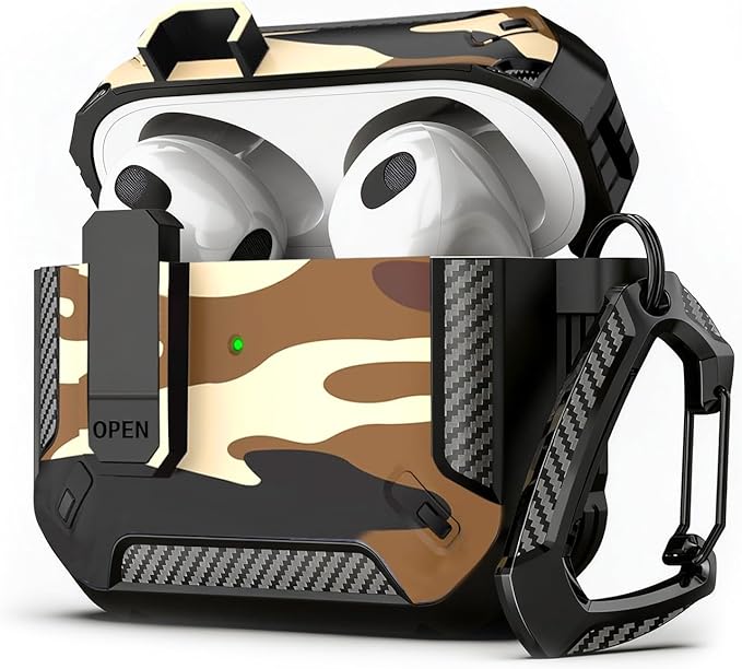 for AirPods Pro 3 Case, Secure Lock Cases Cover with Carabiner Compatible with Airpods Pro 3rd Generation Case, Full Body Shockproof Protective AirPod Case for Men Women (Camo Brown)