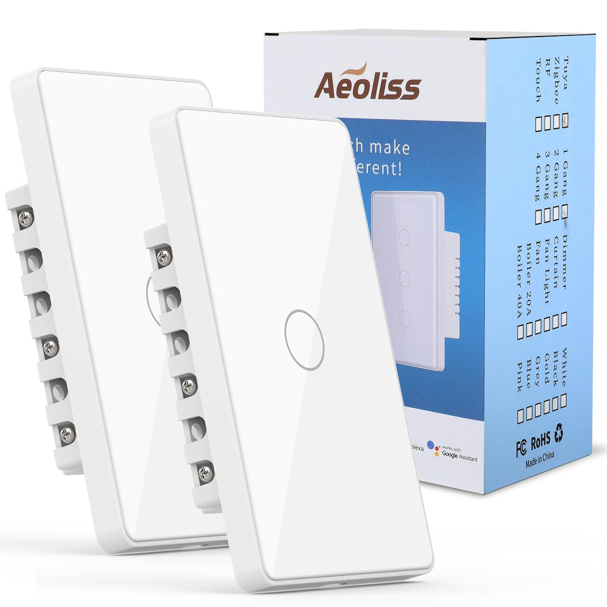 2.4GHz WiFi Smart Touch Wall Single Fire Smart Light Switch, Need Neutral Wire, Glass Panel Light Switch Work with Smart Life/Tuya App, Alexa and Google Home 2 Pack (White 1 Gang)