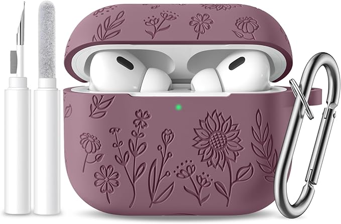 Hamile for AirPods Pro 2nd Generation Case with Cleaner Kit & Keychain, Cute Flower Engraved Soft Silicone Protective AirPods Pro 2 Case Cover for Apple AirPod Pro 2nd/1st Generation Smoky Purple