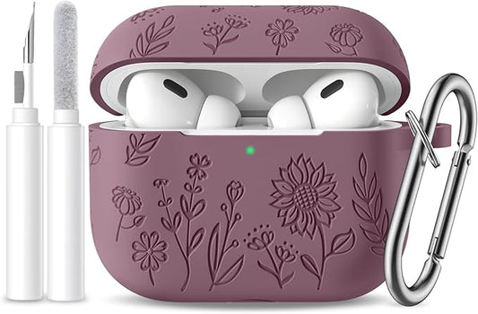 Hamile for AirPods Pro 2nd Generation Case with Cleaner Kit & Keychain, Cute Flower Engraved Soft Silicone Protective AirPods Pro 2 Case Cover for Apple AirPod Pro 2nd/1st Generation Smoky Purple