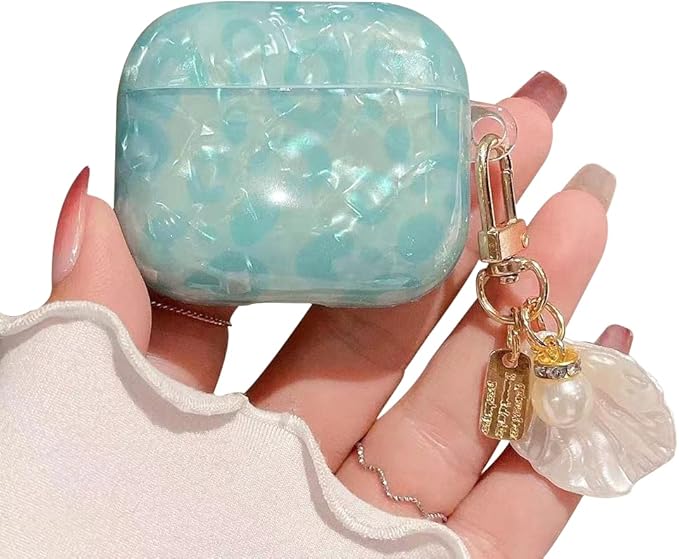 Compatible with Airpods 3rd Generation Case, PHOEACC Dream Luxury Airpod 3 Case Cute Protective Cover with Shell Pearl Keychain for Girls Teens Women (Turquoise Blue)