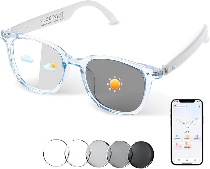 AI Smart Glasses, Bluetooth Translation Glasses for Men Women, Smart Audio Sunglasses with Real Time Translation(160+Languages), Photochromic Lenses, Music Blue Light Glasses for Travel Business-Blue