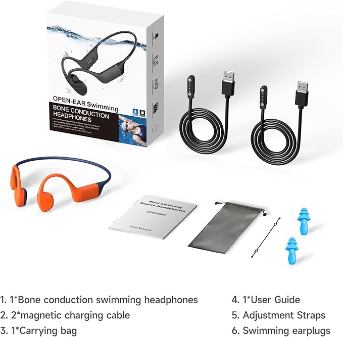 Bone Conduction Swimming Headphones,Waterproof IP68,Bluetooth 5.4, Built-in 32GB TF Swimming Headphones Underwater Music Player, Open Ear Bluetooth Earbuds (Orange)