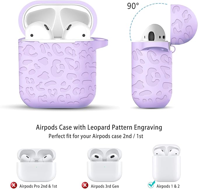 Compatible with Airpods Case Leopard Engraved Skin Cover Compatible with Airpods 2nd/1st Charging Case,Cute Soft Silicone Full Protective, Front LED Visible, Lavender