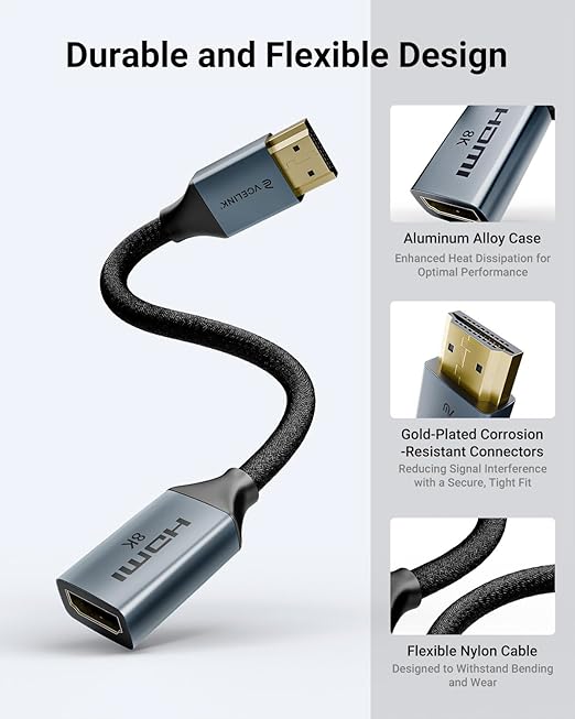 VCELINK 8K Short HDMI Extender Cable 0.6 FT Male to Female, HDMI Extension Cable Support 8K@60Hz, 4K@120Hz/144Hz, HDCP 2.2/2.3, Compatible with Roku TV Stick, HDTV, Game Console, Laptop, 1 Pack