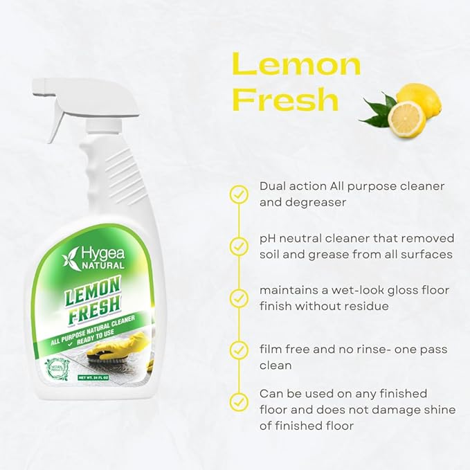 Hygea Natural Lemon Fresh All Purpose Cleaner - Chemical-Free - Removes Soil, Dirt & Grease - Wet Gloss Finish - Biodegradable, pH-Neutral & Ammonia Free (24oz Spray & 128oz Concentrated Gallon)