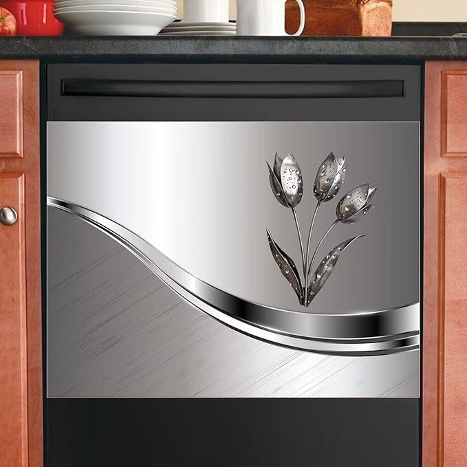 Generic Stainless Steel Effect Kitchen Decoration Dishwasher Cover Magnetic,Metal Flower Pattern Refrigerator Decor Magnet Sticker, Dishwasher Panel Decal, 23"" x 17"" Magnetic, Rimyy111-2