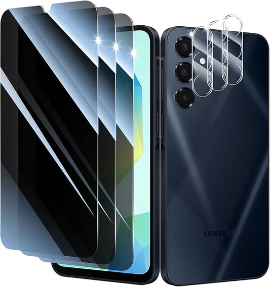 Privacy Screen & Camera Lens Protector for Samsung Galaxy A16, Double Shatterproof Anti-Spy Tempered Glass, Private Black Protection, 9H Hardness Anti-Scratch Case-Friendly, 3 Pack Each