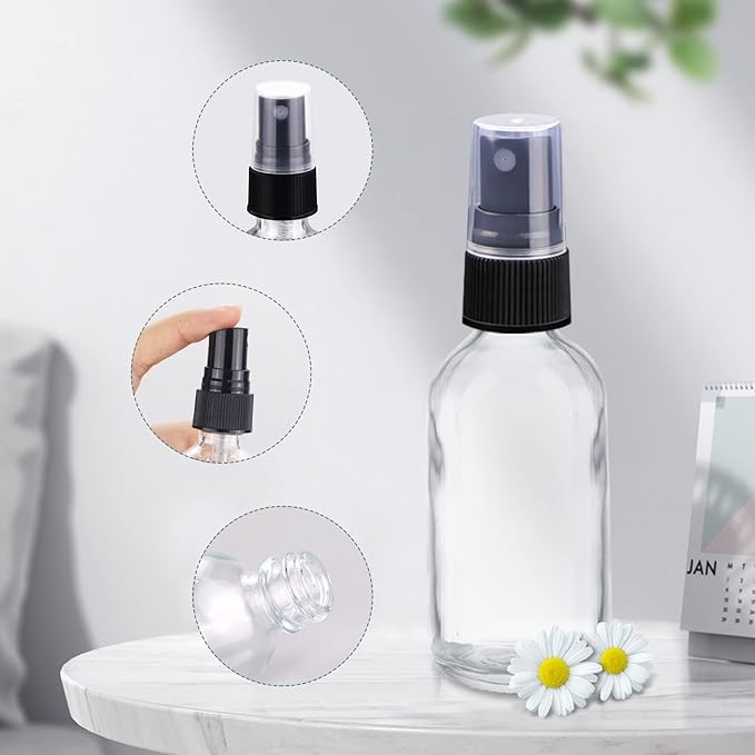 Wedama 4 oz Mini Glass Spray Bottles, Empty Small Spray Bottles with Funnel Dropper, Fine Mist for Hair, Travel, Plants, Cleaning Solutions and Skin Care (4 Pack Clear)