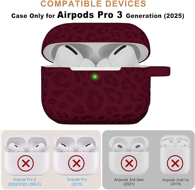 Case Compatible with AirPods Pro 3 Generation 2025 Cover with Keychain, Gawnock Engraved Leopard Skin Soft Cover for AirPods Pro 3 Case Full Protection,Front LED Visible, Wine Red