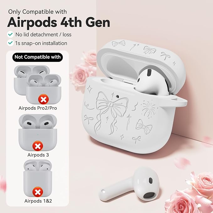 for Airpods 4 Case Cover, Joremx Cute Bow Engraved Silicone Protective Case Cover with Keychain, Cleaner Kit for AirPods 4th Generation Case 2024 (White)