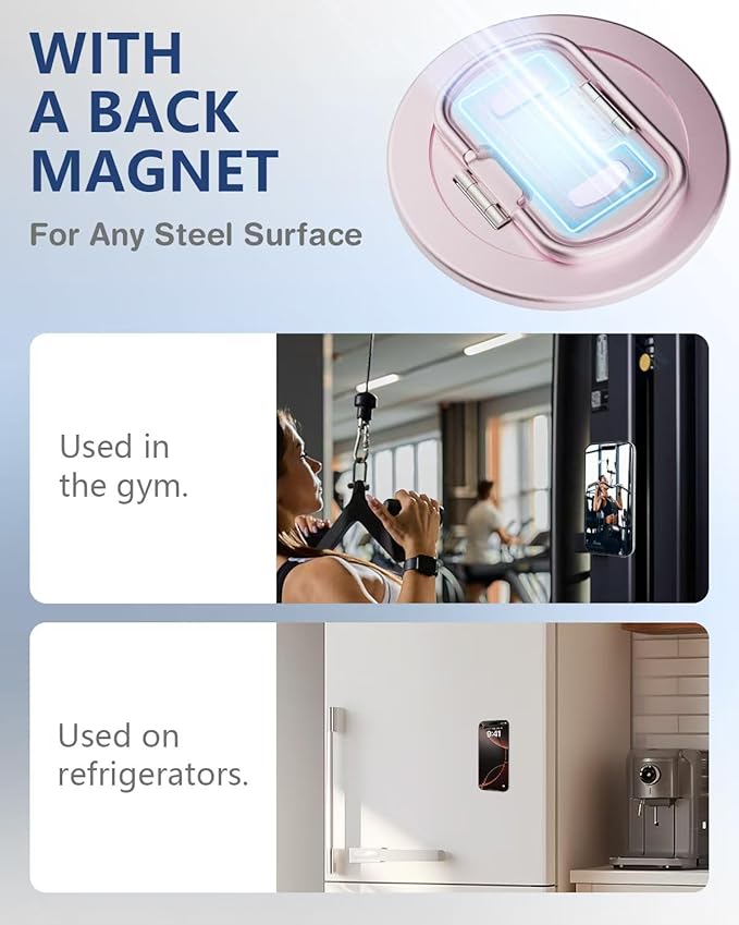 SEMBO Magnetic Phone Ring Holder with Kickstand for MagSafe, Two-Sided Magnet, 360° Rotation Comfortable Flip Out Silicone Plate Finger Grip Gym Accessories for iPhone 17 Pro Max 16 15 14 13(RoseGold)