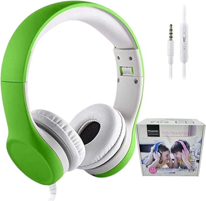 Kids Headphones, Two Audio Port for Sharing, Headphones for kids with mic & Volume Limiting, Baby Children Toddlers Boys Girls Laptop Tablet Class travel school use（green