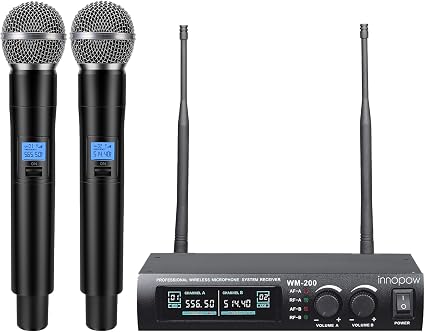 innopow Wireless Microphone System, Dual UHF Metal Cordless Mic Set, Long Distance 150-200Ft,16 Hours Continuous, Fixed Frequency, Use for Karaoke Singing, Family Party,Church (CH.01&02)