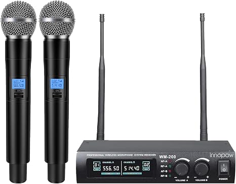 innopow Wireless Microphone System, Dual UHF Metal Cordless Mic Set, Long Distance 150-200Ft,16 Hours Continuous, Fixed Frequency, Use for Karaoke Singing, Family Party,Church (CH.01&02)