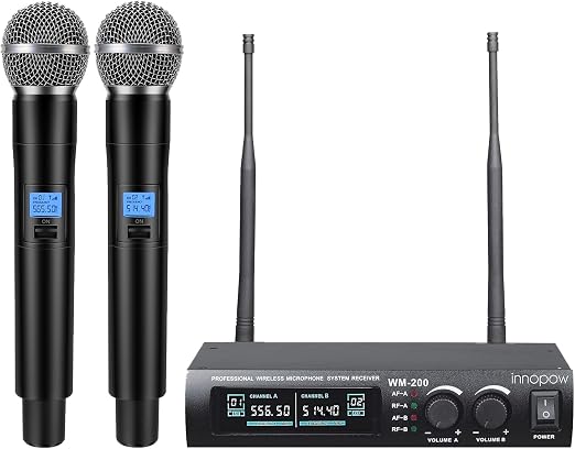 innopow Wireless Microphone System, Dual UHF Metal Cordless Mic Set, Long Distance 150-200Ft,16 Hours Continuous, Fixed Frequency, Use for Karaoke Singing, Family Party,Church (CH.01&02)