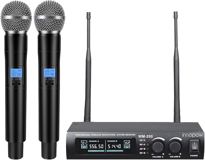 innopow Wireless Microphone System, Dual UHF Metal Cordless Mic Set, Long Distance 150-200Ft,16 Hours Continuous, Fixed Frequency, Use for Karaoke Singing, Family Party,Church (CH.01&02)