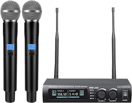 innopow Wireless Microphone System, Dual UHF Metal Cordless Mic Set, Long Distance 150-200Ft,16 Hours Continuous, Fixed Frequency, Use for Karaoke Singing, Family Party,Church (CH.01&02)