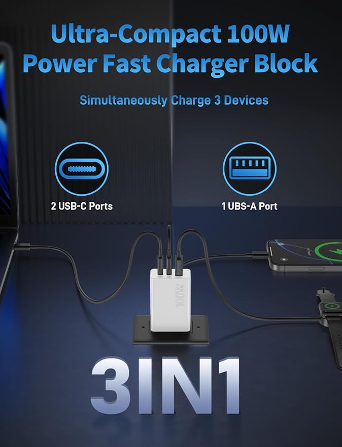 2Pack 100W USB C Charger Block, 3Port Fast Charging Adapter, Type C Fast Charging Blocks Cube PD USBC Wall Plug+QC3.0 USB A Charger Brick for MacBook Pro/Air,iPad,iPhone 17/16,Samsung S25 &More-White