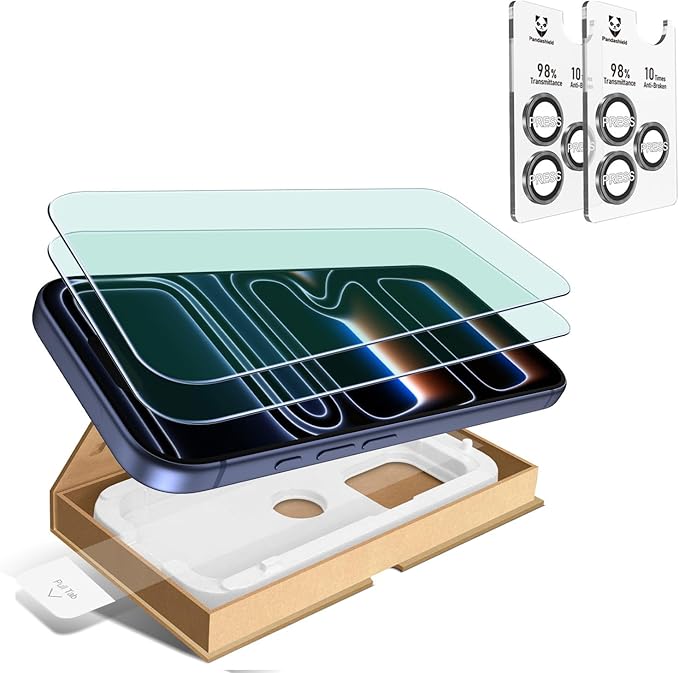 iPhone 16 Pro & 17 Pro Full Protection Kit, 2 Pack Anti-Blue Light Screen Protector + 2 Pack Anti-Glare Camera Lens Protector with Alignment Tray, Easy Install, Bubble-Free, HD Clear, 9H Protection