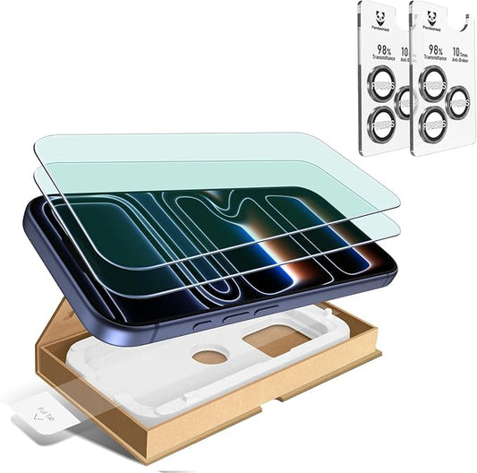 iPhone 16 Pro & 17 Pro Full Protection Kit, 2 Pack Anti-Blue Light Screen Protector + 2 Pack Anti-Glare Camera Lens Protector with Alignment Tray, Easy Install, Bubble-Free, HD Clear, 9H Protection