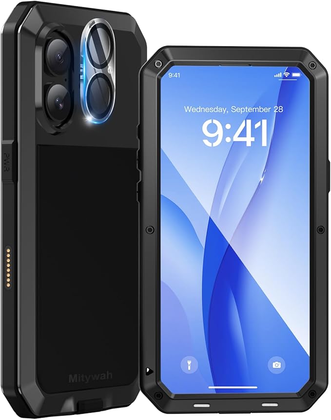 Mitywah Metal Case for iPhone 16, Heavy Duty Rugged Phone Case Built-in 9H Temperd Screen Protector, Military Grade Full Body Protective Dual Layer Bumper Protective Case for iPhone 16 6.1" Black