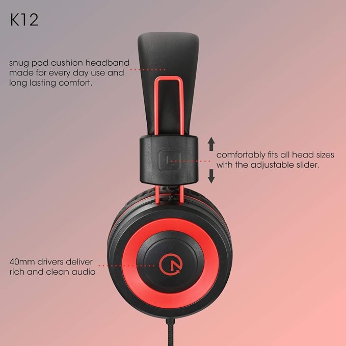 noot products Kids Headphones with Microphone K12 Stereo 5ft Long Cord with 85dB/94dB Volume Limit Wired On-Ear Headset for iPad/Amazon Kindle,Fire/Toddler/Boys/Girls/School (Red Black)