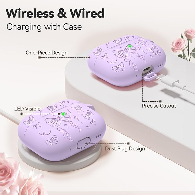 for Airpods Pro 3 Case Cover, Joremx Cute Bow Engraved Silicone Protective Case Cover with Keychain, Cleaner Kit for Airpods Pro 3rd Generation (2025) (Light Purple)