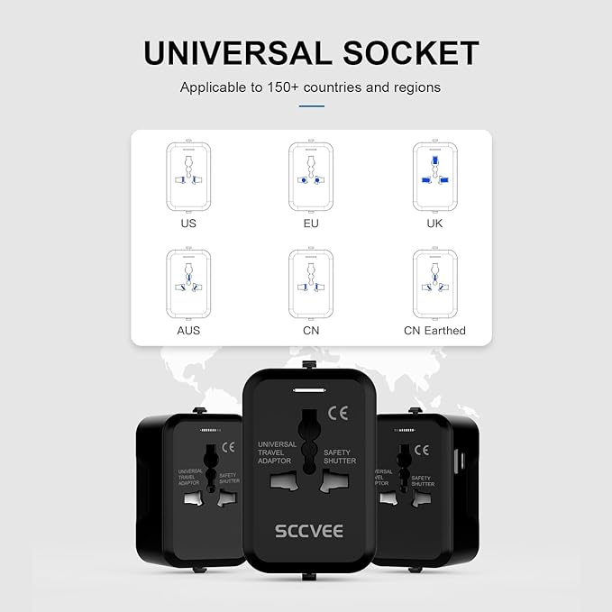 Universal Travel Adapter with USB C, International Power Plug Adapter All in One Worldwide Travel Adapter Power Converters Wall Charger AC Power Plug Adapter USB Type C Charger for USA EU UK AUS