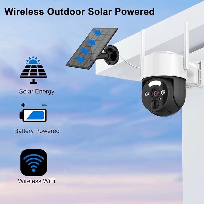 2K Solar Security Cameras Wireless Outdoor, Pan Tilt 360° WiFi Camera for Home Security, 8000mAh Battery Powered with Color Night Vision, 3W Solar Panel with PIR Sensor Wireless Easy Install
