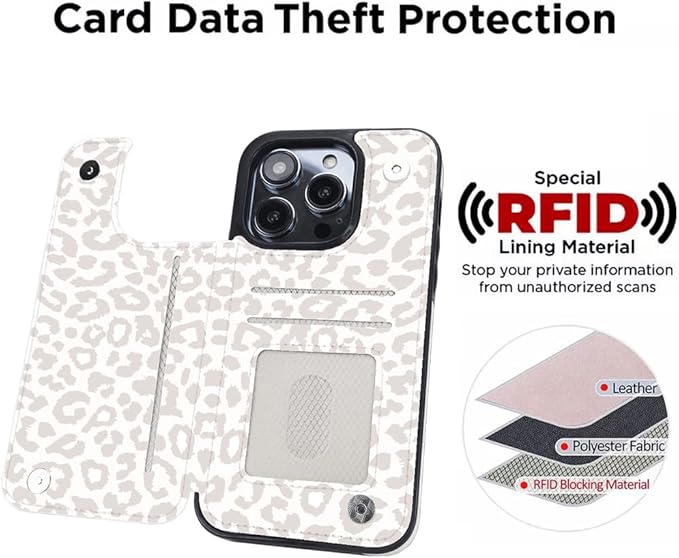 uCOLOR Compatible with iPhone 14 Pro 6.1 Inch Wallet Case with Card Holder Folio Flip PU Leather Kickstand Card Slots Case Double Magnetic Clasp and RFID Blocking Cover (Beige Leopard)
