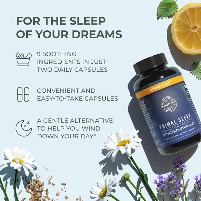 Primal Harvest Primal Sleep Support Supplement for Adults with Melatonin, GABA, Valerian Root, L-Tryptophan, Magnesium Bisglycinate Chelate, and Chamomile for Deep Restful Sleep