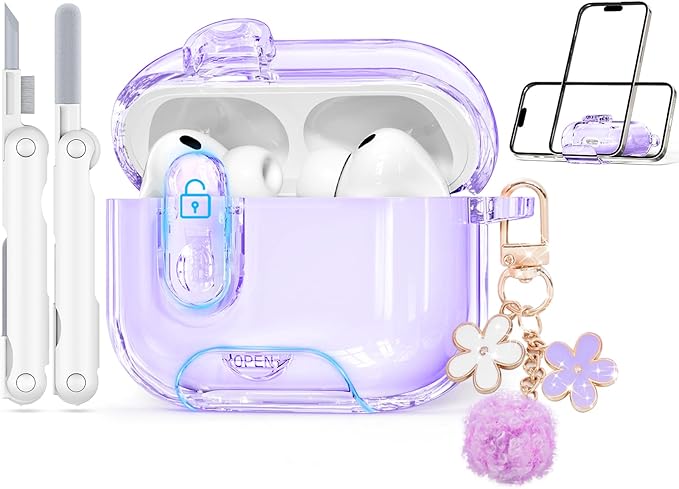 Clear Case for AirPods Pro 3 Case Cover with Safety Lock,Soft TPU Cover with Phone Stand & Cleaning Kit,Cute Bling Keychain for Women Girls-Clear Purple