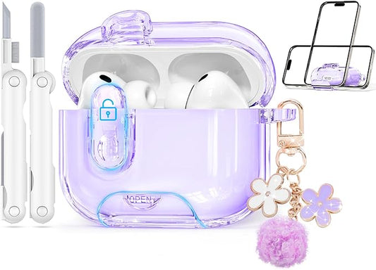 Clear Case for AirPods Pro 3 Case Cover with Safety Lock,Soft TPU Cover with Phone Stand & Cleaning Kit,Cute Bling Keychain for Women Girls-Clear Purple