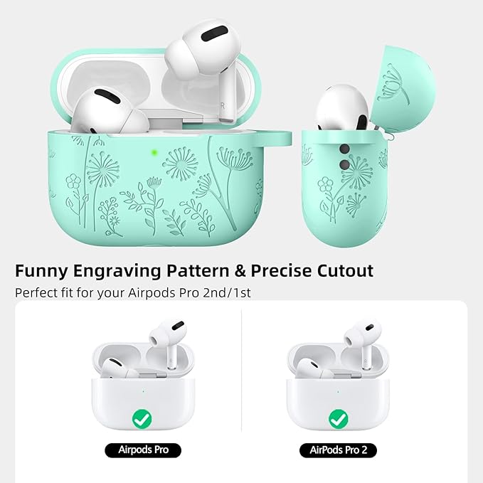 Lerobo Flower Engraved for Airpods Pro Case Cover/Airpod Pro 2 Case, Cute Soft Silicone Skin Full Protective Cover Compatible with Apple Airpods Pro 2nd Generation/1st Generation Case with Keychain
