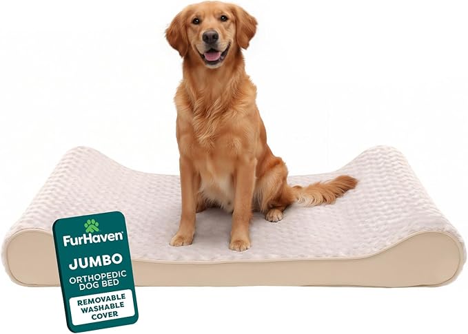 FurHaven Orthopedic Dog Bed for X-Large Dogs, Luxe Lounger Contour Mattress with Medical-Grade Solid Orthopedic Foam for Joint Support, Removable Washable Cover, Jumbo/XL, Plush Suede, Cream