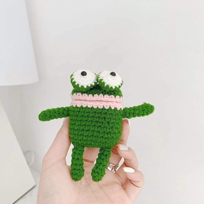 Yatchen Plush Frog Case Compatible with AirPods 1&2, Creative Cute 3D Cartoon Fur Knitted Frog Design Funny Cover with Keychain Protector for Women Girls
