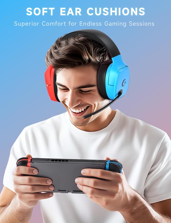 2.4GHz Wireless Gaming Headset for Switch/Lite/OLED - Bluetooth 5.3 Gaming Headphones with 7.1 Surround Sound for Fortnite, 50mm Speakers, 70H Battery, Blue Lighting - BlueRed