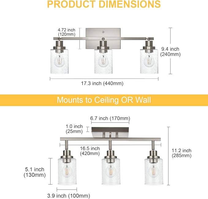 3-Light Brushed Nickel Kitchen Track Lighting Fixtures Ceiling Mount Track Lighting Kit with Bubble Seeded Glass Shade Modern Bathroom Tracking Vanity Lights Ceiling Tracking Accent Shop Light